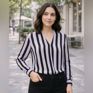 Halogen Striped V-Neck Blouse Hidden Button Placket Lavender Black Mint Size M